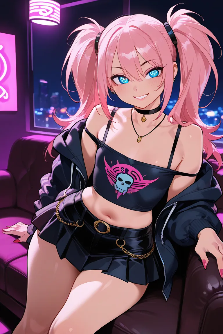 1male, femboy, a guy in girl clothes, no breasts, flat chest, curvy body, long twintail hair, blue eyes, pink hair, long height, long legs, in a neon lighted room, luxury room, night, cozy atmosphere, choker necklace, spiral pupils, curvy body, gyaru fashi...