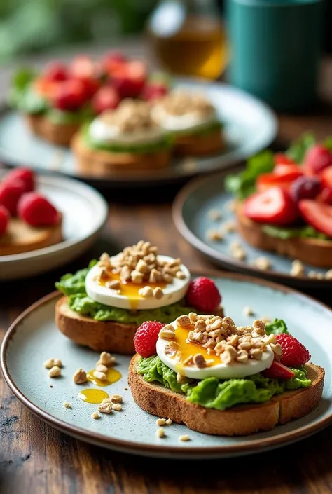  "A beautifully arranged selection of healthy toasts and brunch dishes, showcasing vibrant ingredients such as avocado, fresh berries, nuts, and drizzles of honey. The plates are elegantly presented on a rustic wooden table, emphasizing a balance of nutrit...