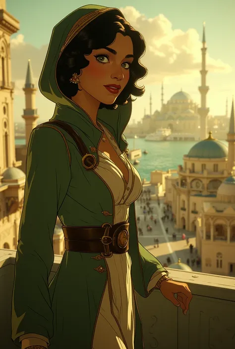 Naomi Scott as persian princess with light tanned skin, short stature, medium breasts, 4k, highly details, marqual, black ponytail, ((wearing a green Hooded robe over white and gold persian clothing, the bottom of the outfit are low-ridingwhite harem pants...