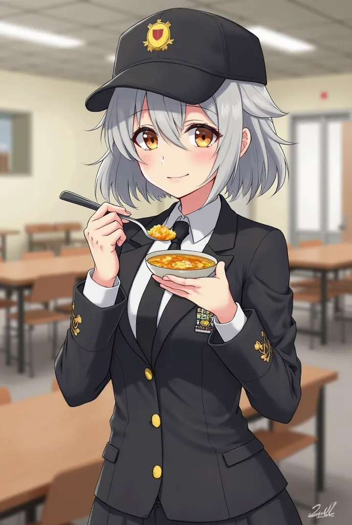 Adult Deputy Director of Prison women, silver short hair, yellow eyes color, silver hound ears, silver hound ears, black officer suit with badge on chest and white officer shirt and black tie inside, black officer baseball cap, black trousers, She eating a...