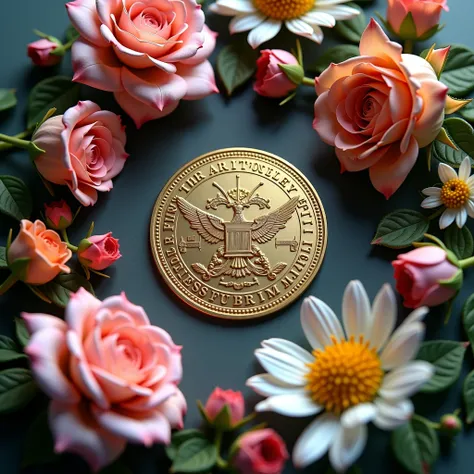 a coin with flowers, the view of the coin from above is exactly