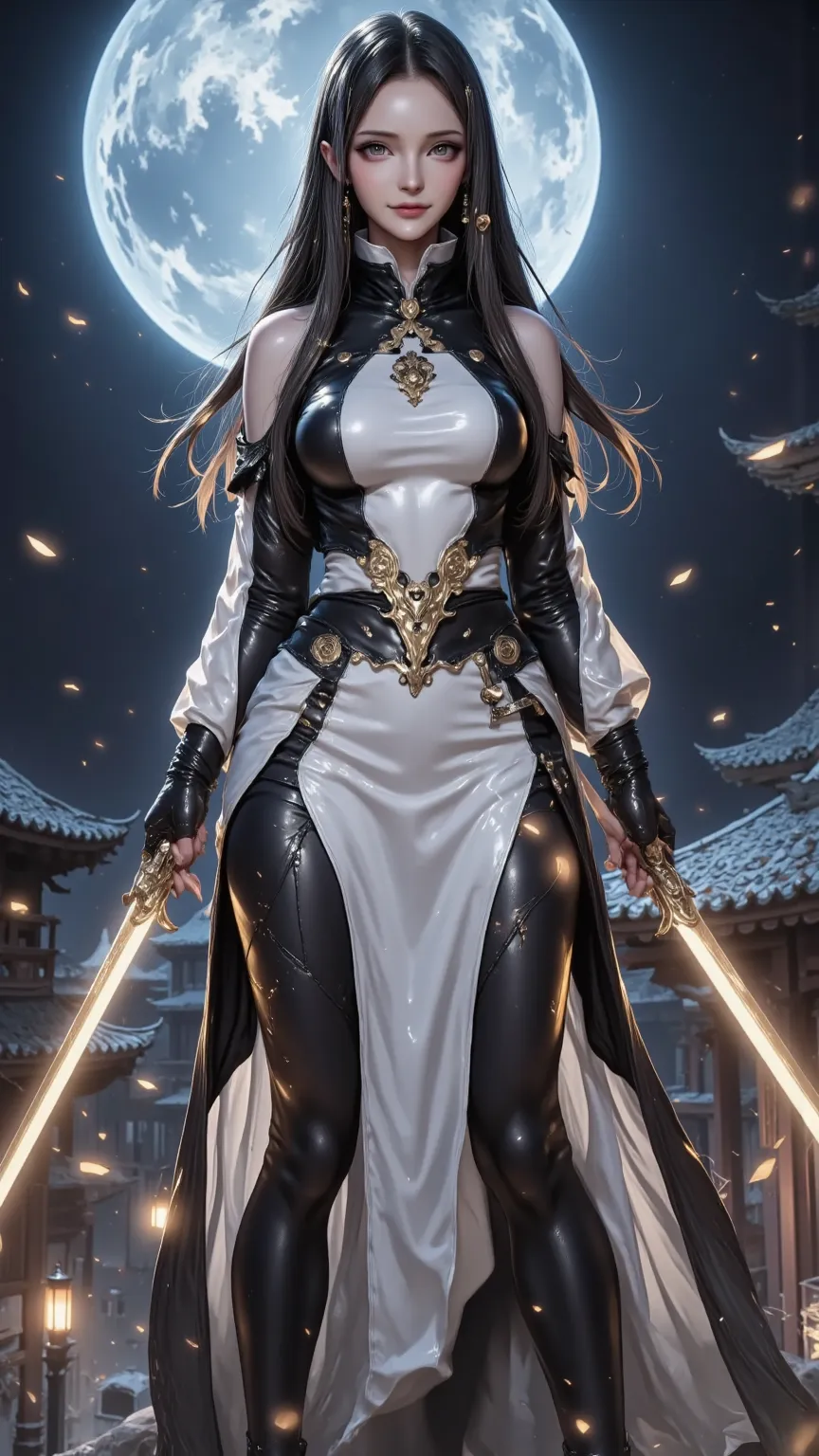 days，Phantom Blademaster（gender）， 4K anime-style quality ，digital painting mode，A mysterious female swordsman，Has long black hair and brown eyes，wears a smooth white and black battle dress，standing on the roof of a moonlit temple HDR，depth of field