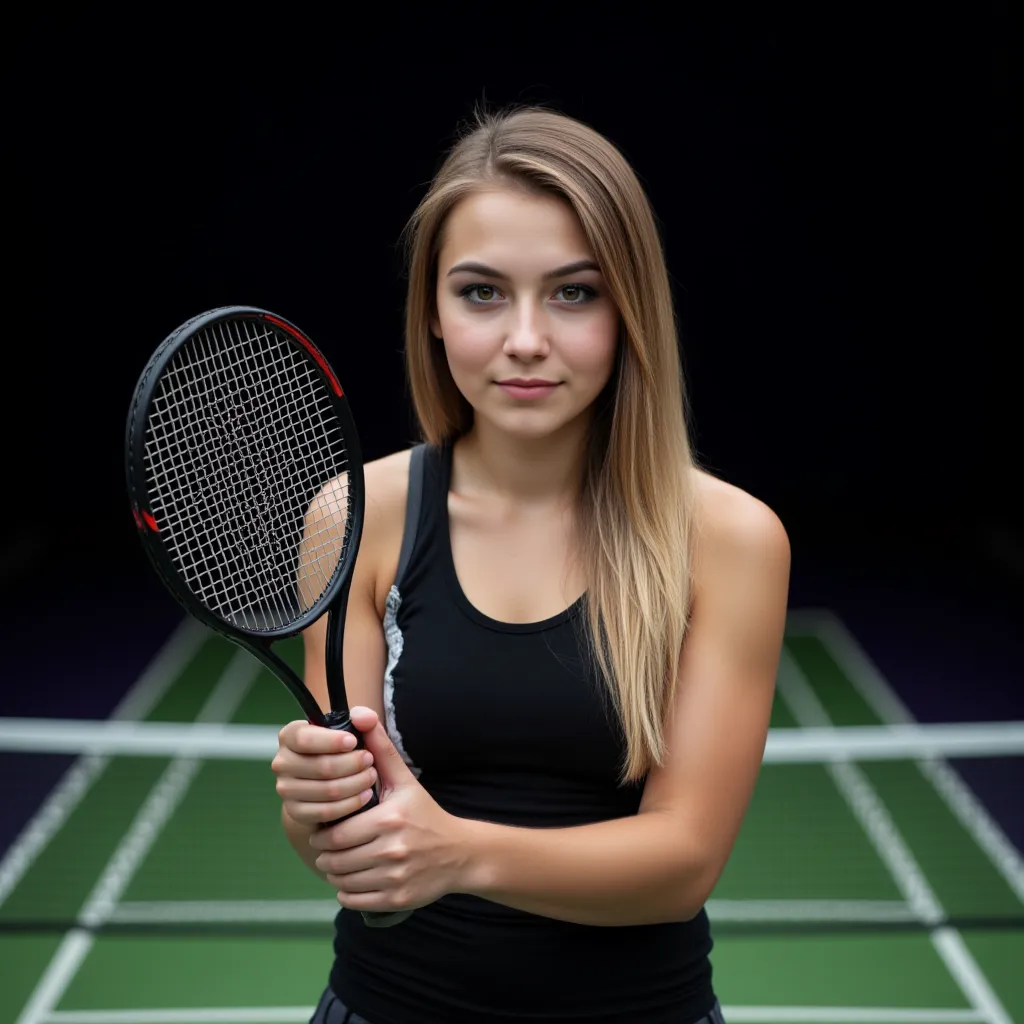 woman is on the tennis court. Has a photorealistic style tennis racket in the right hand,  sharp focus, , ,  full body