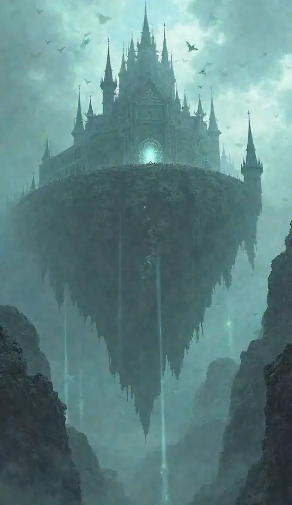 A haunted castle floating in the sky, covered in mist, with ghostly spirits flying around and a portal to another dimension glowing at the entrance.