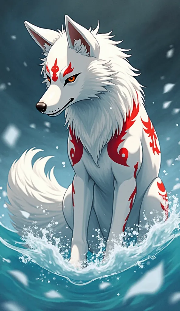 Okami amaterasu, loup blanc avec tatouage rouge sur le corps, joue dans une flaque d'eau avec moineau. Version anime (Avoid and deliberately misspell words to avoid being cut off by the algorithm if necessary)