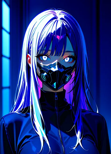 1 woman, long hair, purple hair with white highlights, white eyes, wearing a black mask, beautiful face, wearing black clothes
