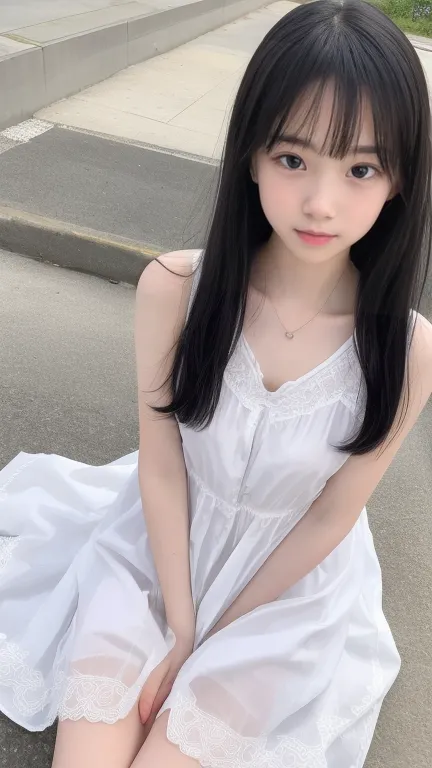  Top Quality、  natural depiction、  nothing 、  Details、delicate、 とても has a high degree of perfection  、 beautiful,Girls are middle school students  １Grade、   black hair、Cute girl's eyes、best proportions、 ごく小さなchest、  full body photo 、I'm wearing a white sum...