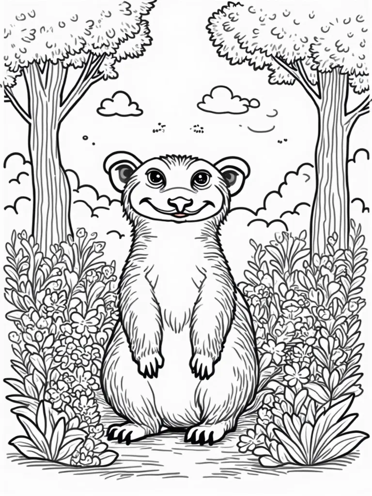 coloring book, Of an anteater, theme in a place of trees and lots of flowers, Pixel cartoon style, Very thick lines, COLORLESS, white background and only dashes