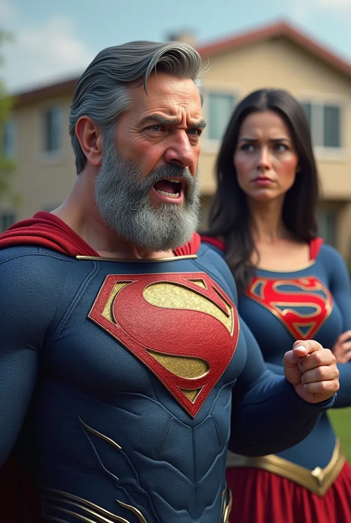  The image appears to be a 3D rendering   A mature, light-skinned man, appearing to be in his 60s or 70s, with graying hair and a full gray beard, is depicted in a superhero-style costume. The man, who appears to be a portrayal of Superman, is wearing a bl...