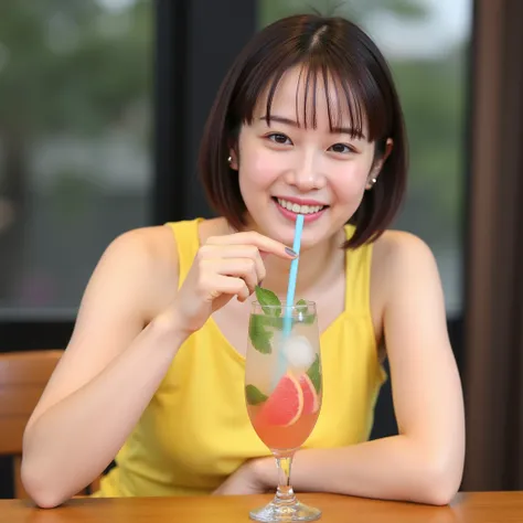 A Japanese woman in a sleeveless yellow top is sitting at a wooden table, holding a glass with a blue straw and drinking from it. The glass contains a beverage with ice, mint leaves, and slices of pink fruit, possibly grapefruit. The background is blurred,...