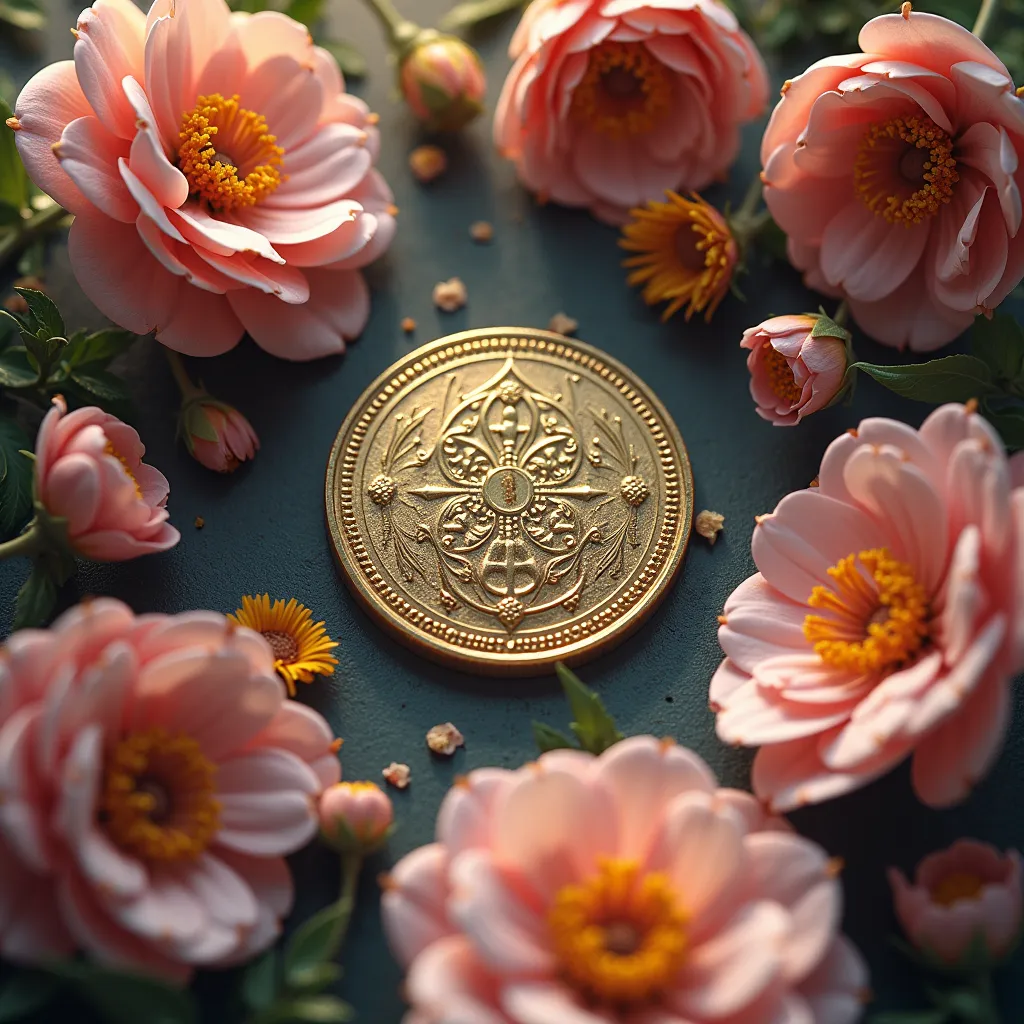 a coin with flowers, the view of the coin from above is exactly