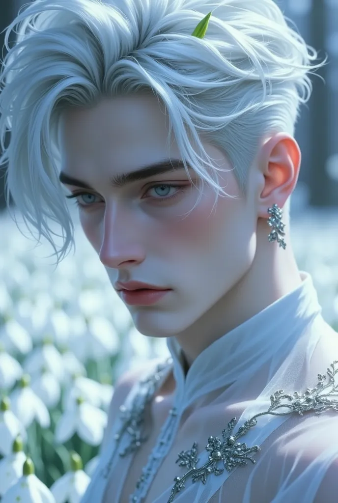 close-up! A young guy with skin, as if from flower petals, in an ice-colored tunic with transparent sleeves and silver patterns, in an icy field with white snowdrops under the winter sun. Blue eyes shine like an icy surface, square face, short ice hair wit...