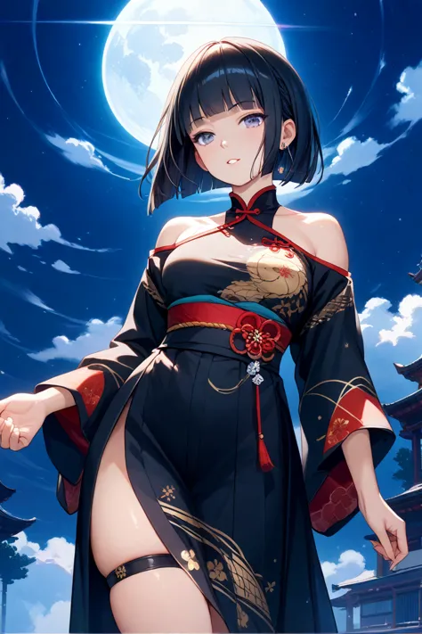 masterpiece, best quality, Ultra High Definition. 1 girl,  bob cut with skindent,   black hair,  Blunt Bang, blunt ends,  black kimono, Amaryllis Print, night sky