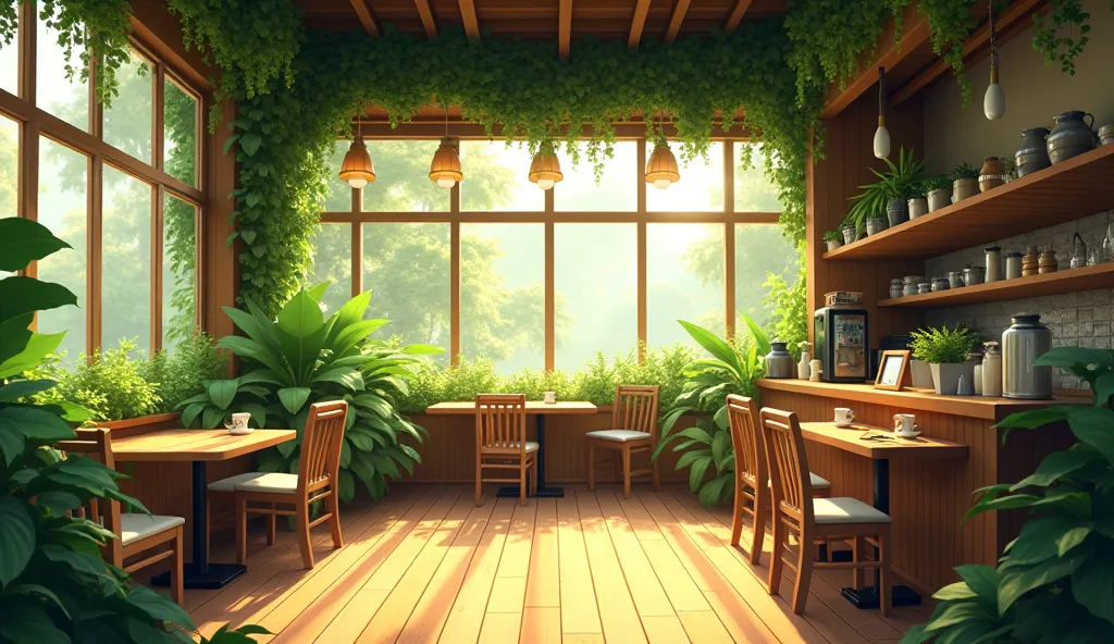 A cozy café with large sunlit windows, wooden floors and furniture, lush green plants covering the walls and ceiling, warm sunlight streaming in, a relaxing and peaceful atmosphere, rustic and natural design, soft shadows, intricate details, cinematic ligh...