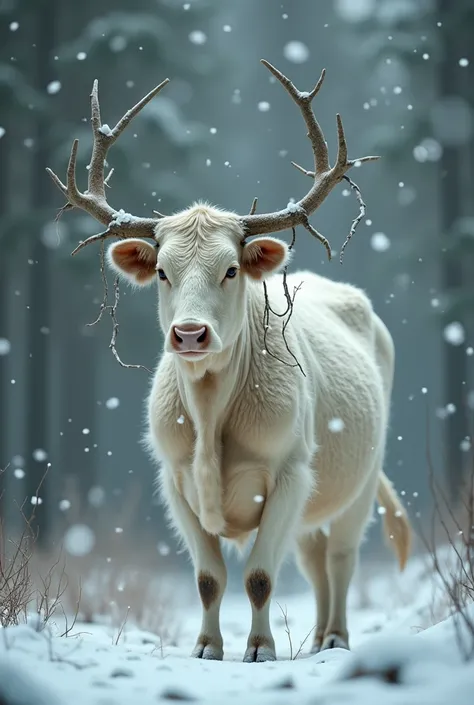 A white cow has sticks on its back and is standing in a  snow fall forest 