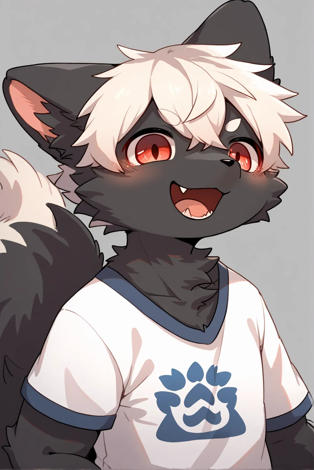 score_8_up, score_7_up, score_6, source_furry, source_anime, ((furry, kemono, anthro)), solo, solo focus, furred_dog, long fur, fluffy fur, fluffy tail, black body, light red eyes, white hair, shirts, nature background, ((male)), kawaii, ((moe)), horny, ex...