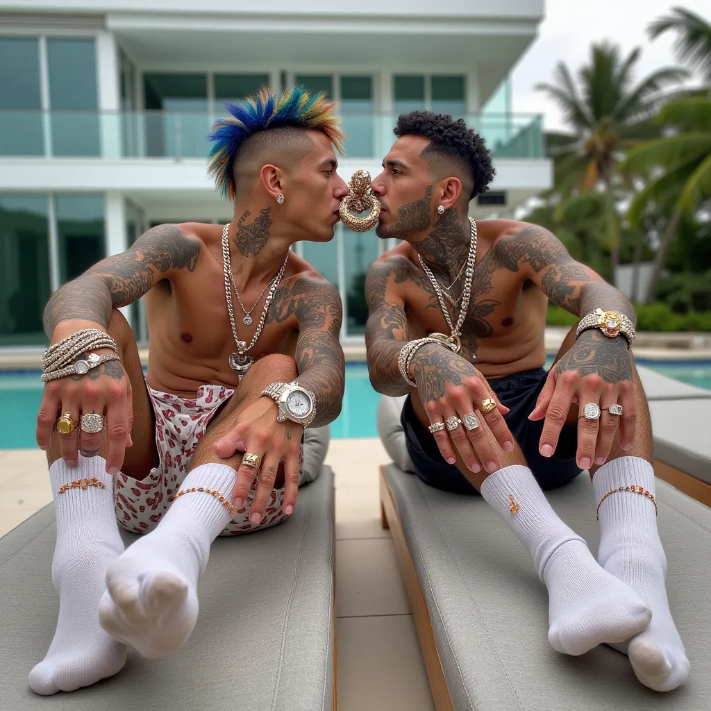 photo of the 2 famous 'Island Boys' hip-hop white cuban brothers, their faces and bodies are covered in tattoos and piercings, very hyper-strong pierced noses, with incredible crazy colored haircuts, hyper-skinny bodies, wearing lots of big diamond rings, ...