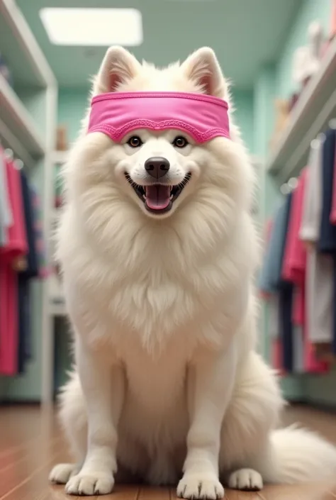 Samoyed dog and pink panties ,Fitting Room,Clothing Store,Put panties on your head,