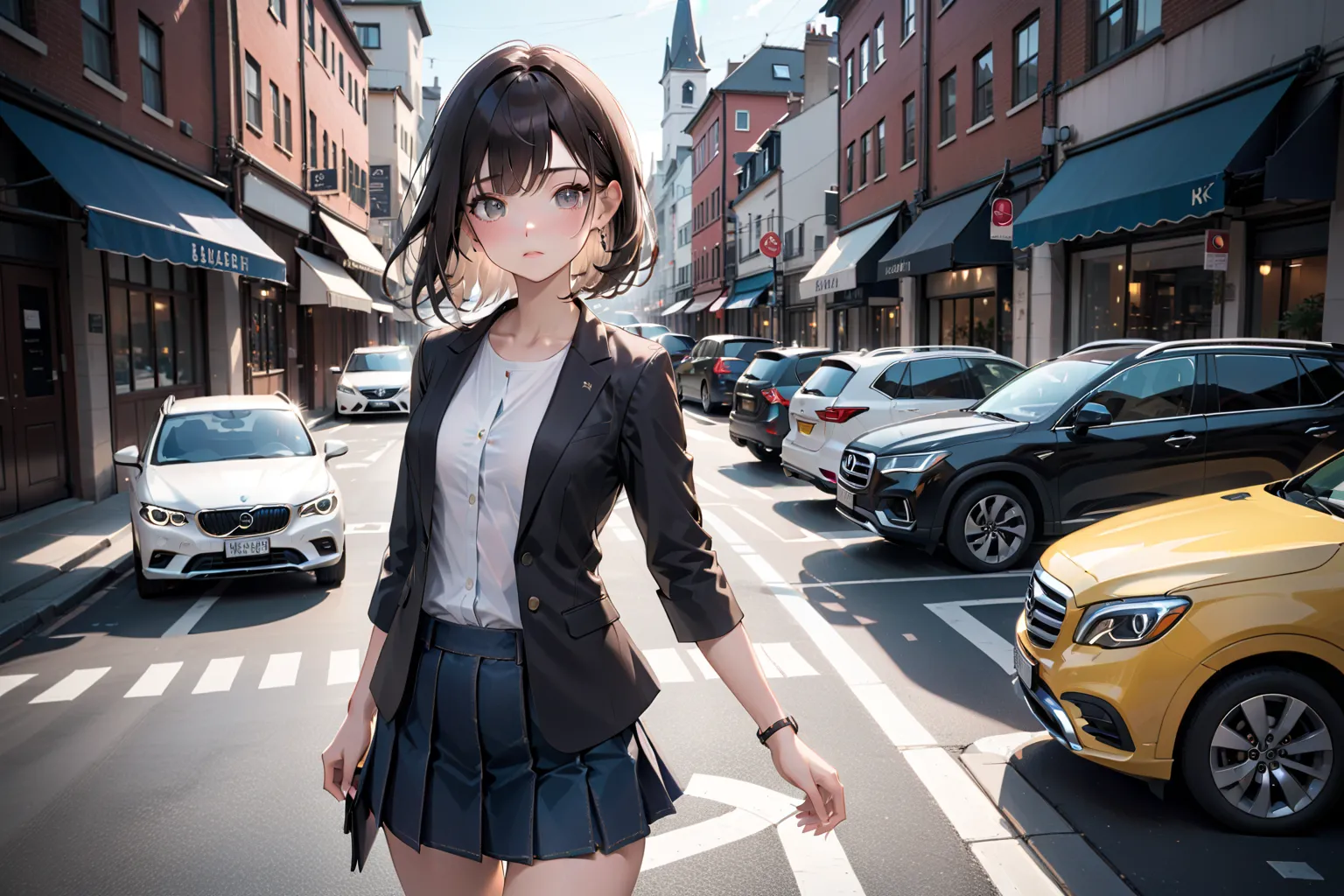 pretty young woman, leaving from a car, at airport, church background, BREAK, (half bang, dark-brown hair, long hair), BREAK, ((black-gray 3/4 sleeves blazer, closed jacket, exposed white and black round-neck undershirt (+white and black undershirt, 2 colo...