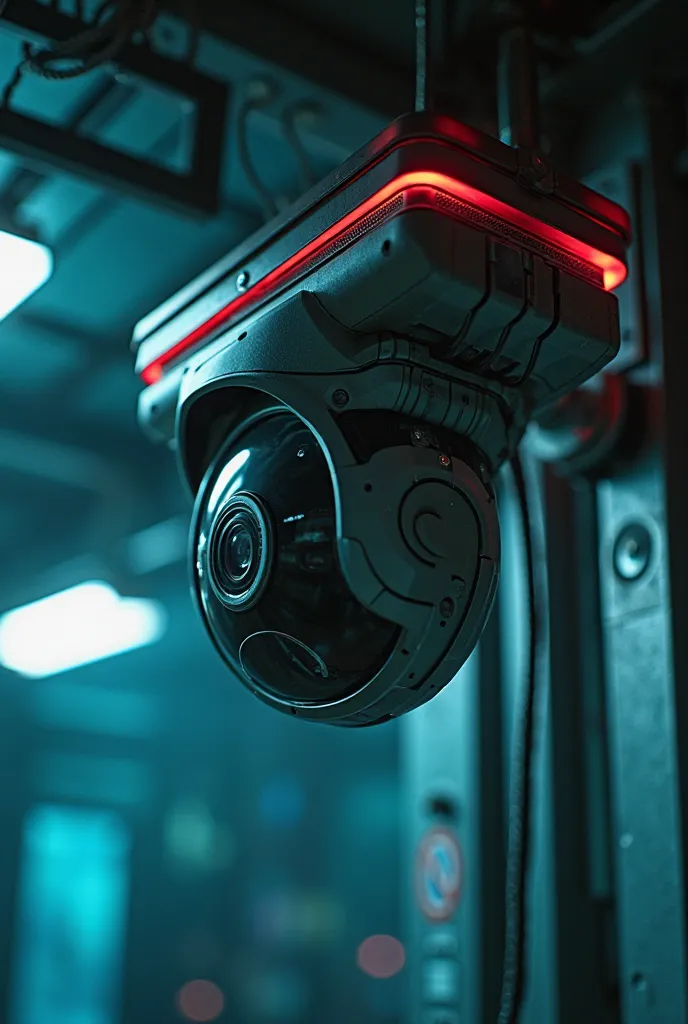 "A high-tech security camera mounted on the ceiling, angled downward, monitoring the area below. The sleek, futuristic design of the camera features glowing red or blue indicator lights, signaling active surveillance. The lens is large and detailed, reflec...