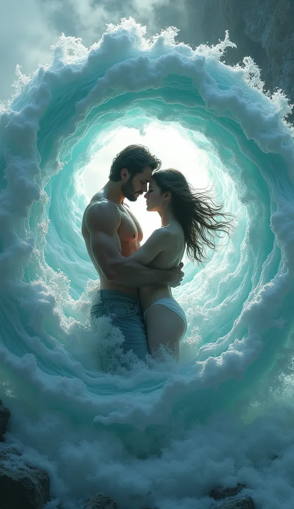 a colorful swirling yinyang vortex, dynamic motion, frozen sea landscape, intense wormhole, 1 middle-age muscular man, 1 sexy woman, Naked, cinematic lighting, volumetric fog, dramatic chiaroscuro, vibrant color palette, intricate details, mesmerizing ener...