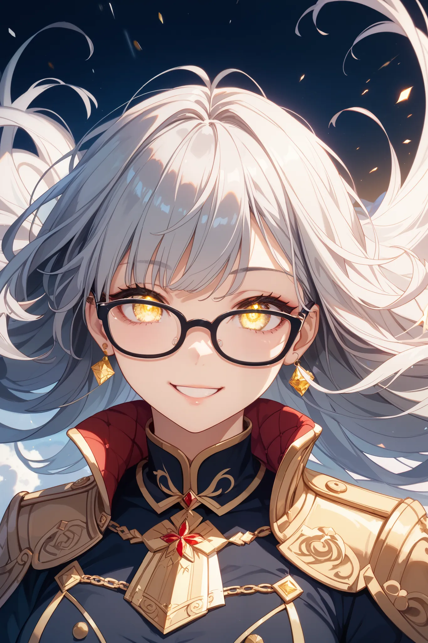 Glasses、glasses、glowing eyes、long hair, gray hair, masterpiece, top quality, very beautiful, absurd, with bangs, glasses, yellow eyes,yellow eyes, Glasses、anime style,  super detailed illustration , highly  Details, Dynamic Angle, beautiful  Details, 8k, I...