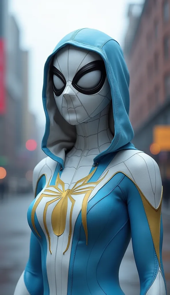 Realistic photograph of female Spiderman in a light blue and white suit and hoodie,  standing in the city .  has very big , and a white mask that covers her face. no hair. The spider in his suit is yellow. 4k, sexy, big 