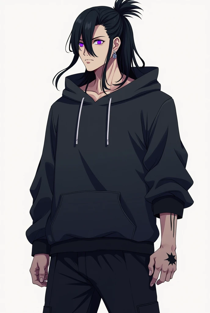 This is Suguru Geto. He is a man 27 years old. Suguru Geto from Jujutsu Kaisen is a tall, lean, and muscular man with his long black hair tied up in a tight bun with a single bang over his left eye, thin Amethyst purple glowing eyes and large earlobes with...