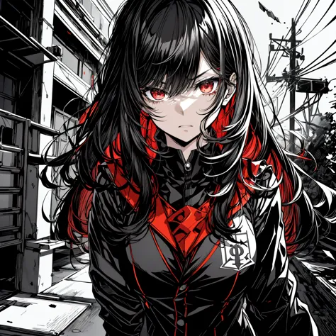 v5lcn style, ink art,(best quality,masterpiece:1.2),(black and white cartoon core :1.1),( Line Art_anime),(Extremely High Contrast),Dark Ink,1 girl, dark-haired,Shadow on face、8k,resolution,high school girl, sailor school uniform, Blood Splash、Dark shades、...