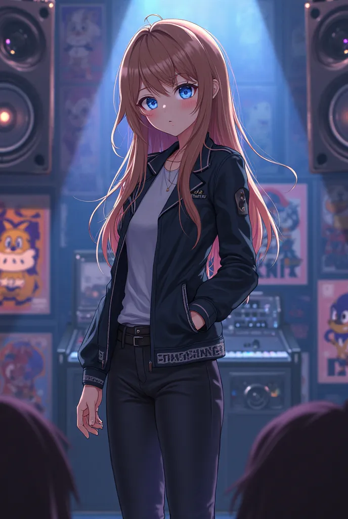  Song cover, anime very beautiful girl on stage, next to the stage speakers above her, the girl has brown hair and blue eyes, She is wearing a black jacket and black pants in the background, posters with a character named Sonic from the movie