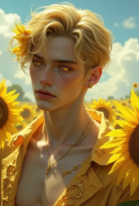 close-up! A young guy with skin, as if from flower petals, in a sun-colored tunic with cutouts on the sides and gold threads, in a field of sunny sunflowers under a bright sky. Yellow eyes shine like sunlight, square face, short sunny hair with sunflower p...