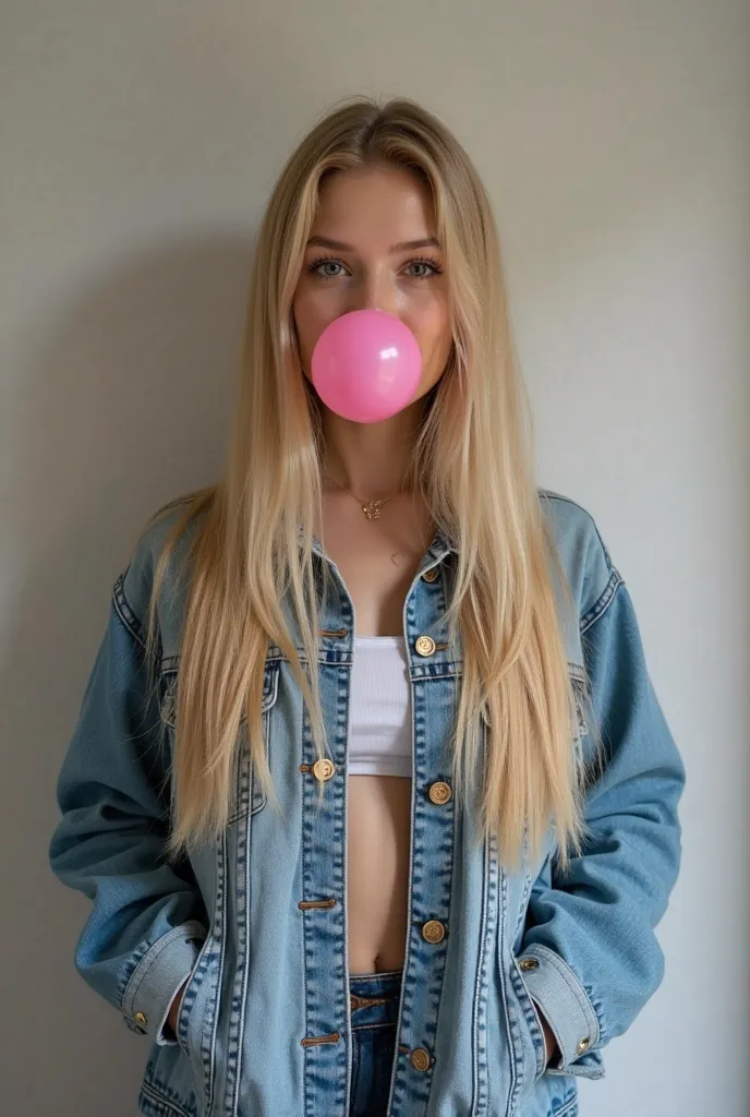 A beautiful caucasian English girl with very long very straight blonde hair, aged 27 years, blowing a bubblegum bubble| Wearing a sexy blue denim jacket and jeans outfit | hands in her jacket pockets | big eyes | blowing a (big pink bubblegum bubble)  from...