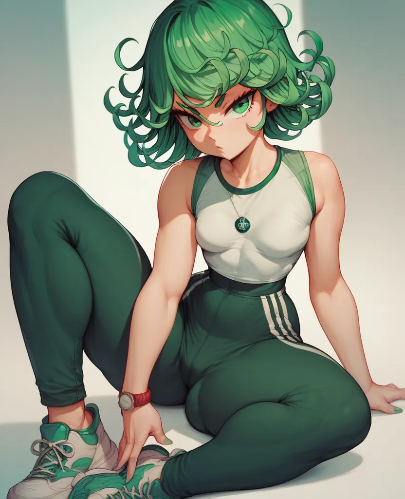 tatsumaki, small breasts, short hair, curly hair, green eyes , green hair,thick thighs,Wide-leg pants, tucked in tee, sneakers