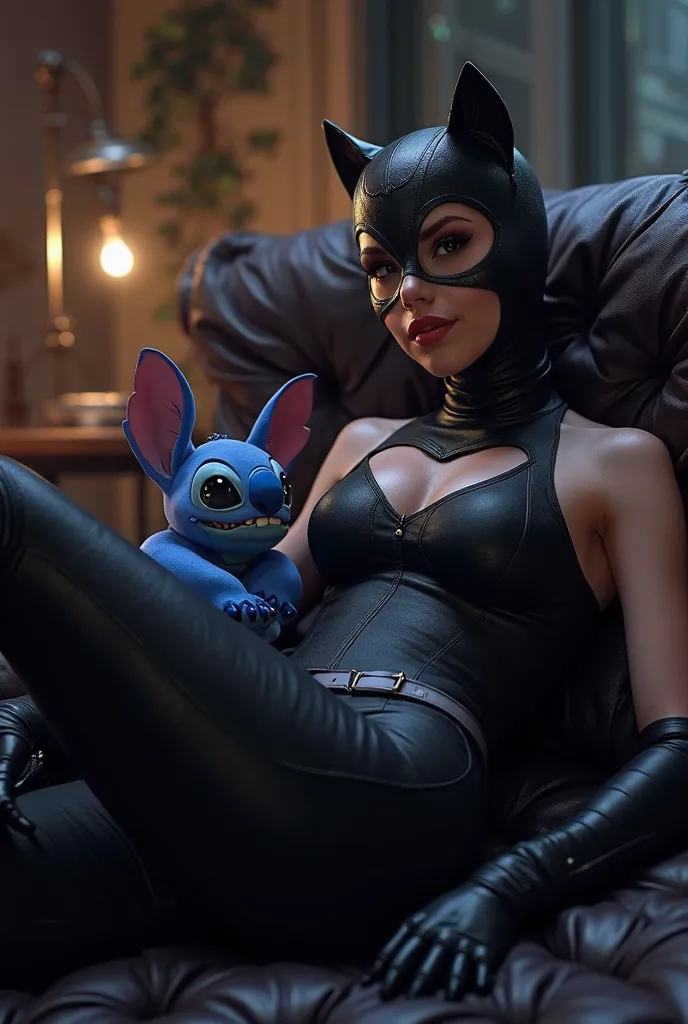 Catwoman assise avec stitch sur ses jambe
