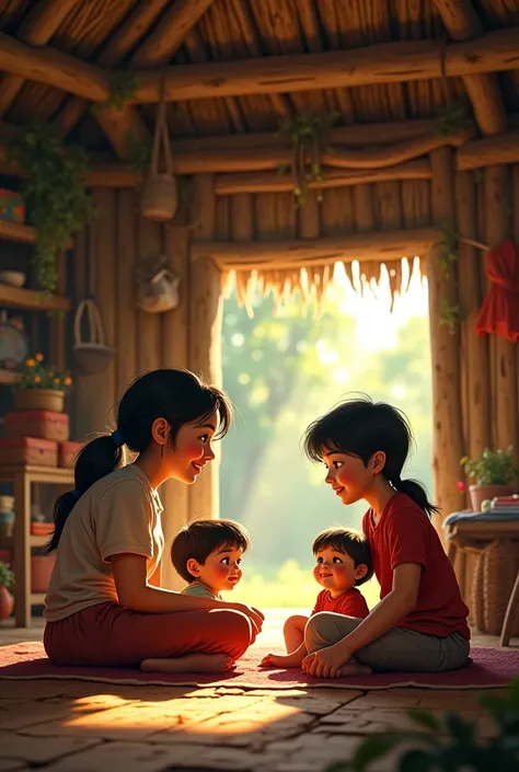 The mother is talking to her 3 ren in a hut 