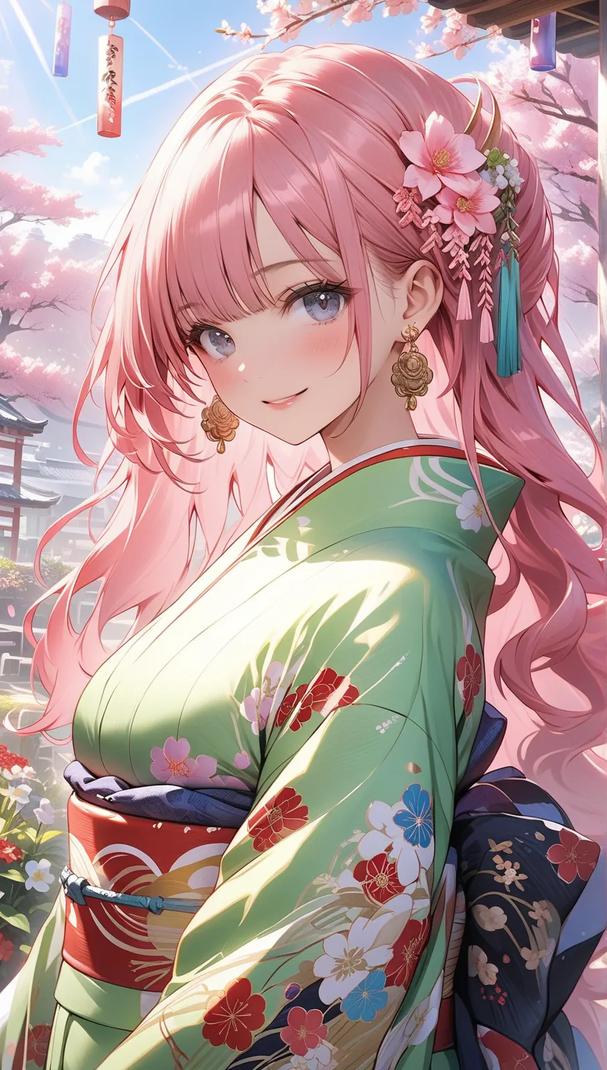 1girl, solo, long hair,big breasts, looking at viewer, blush, smile,  bangs, long sleeves, jewelry, standing, pink hair,  earrings, japanese clothes, wide sleeves, kimono,  grey eyes, hands up, sash, floating hair, obi, floral print, light green kimono, pr...