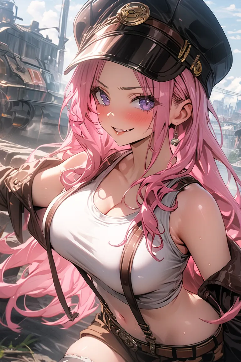 1girl, , shiny skin, HDR,UHD,8K, best quality, masterpiece, Highly detailed, large breasts,jewbonney, purple eyes, pink hair, long hair, ,j3welry b0nney, hat, pink hair, long hair, purple eyes, crop top, suspenders, cropped jacket, shorts, thighhighs, high...