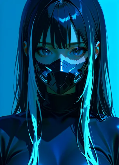 1 woman, long hair, black hair with white highlights, grey eyes, wearing a black mask, beautiful face, wearing black clothes