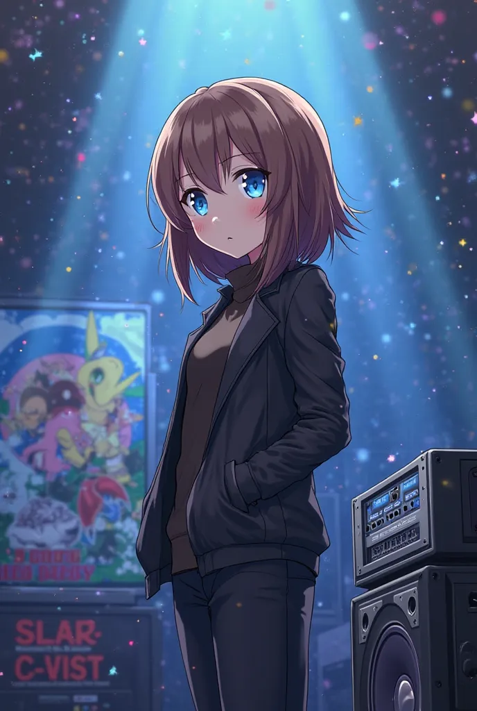  Song cover, anime very beautiful girl on the big stage, next to the stage speakers above her, the girl has brown hair and blue eyes, She is wearing a black jacket and black pants in the background posters with a character named Sonic from the movie