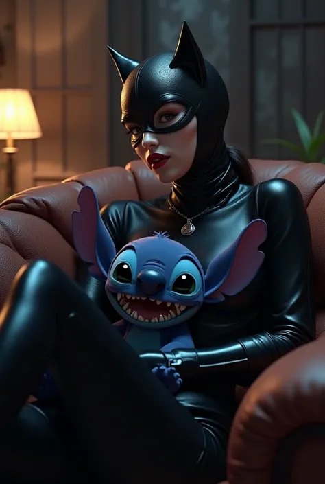 Catwoman assise avec stitch sur ses jambe
