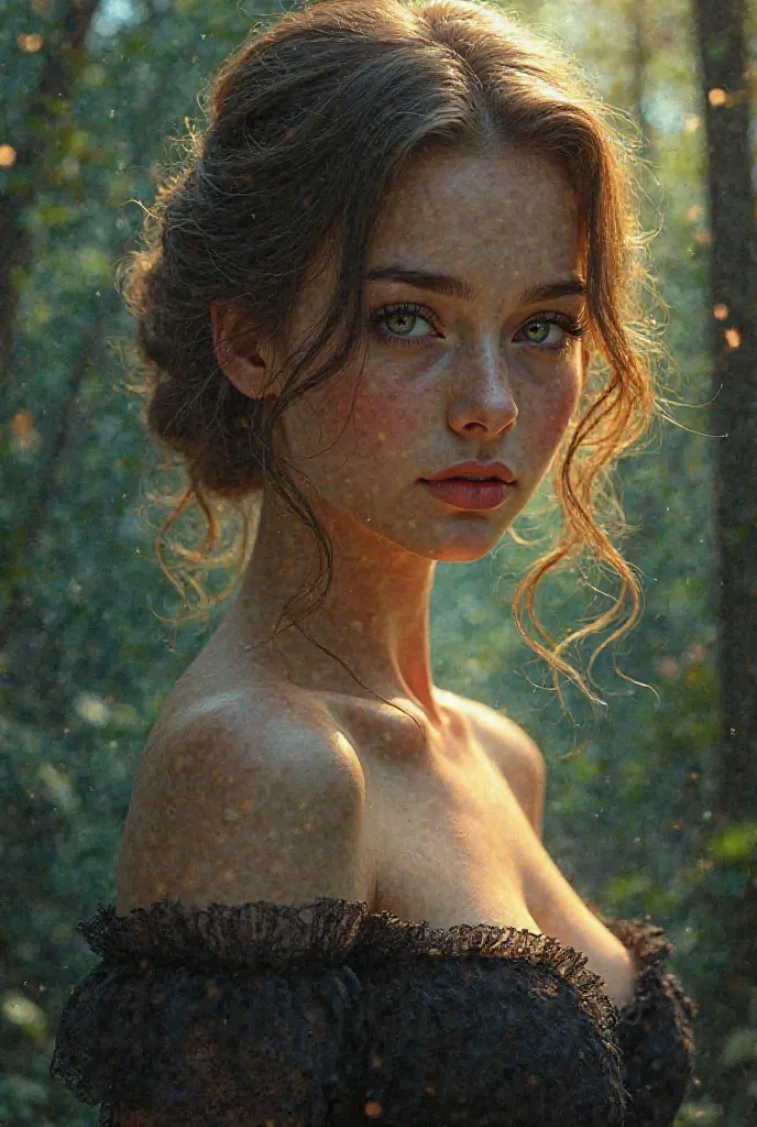 1 beautiful young woman,breasts,intricate face details,delicate facial features,serene expression,elegant posture,high quality,photorealistic,oil painting,detailed environment,fantasy forest,glowing magical lights,vibrant colors,cinematic lighting,dramatic...