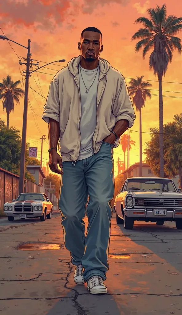 "Create a hyperrealistic image of Carl 'CJ' Johnson, The protagonist of GTA: san andreas, walking through the streets of Los Santos at dusk. who wears a white regatta, wide jeans and classic white sneakers,  with a serious and focused expression . The surr...