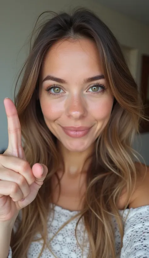 Create an ordinary American woman with ultra realistic and human qualities in her 30s, She has a neutral expression and is pointing her right index finger upwards, It is centered in front of the camera in the amateur selfie format with image quality of the...