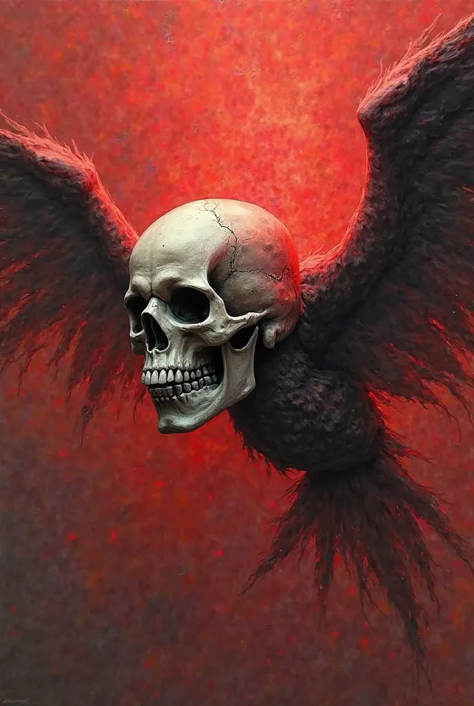 Draw a skull painted with a paint brush ,  detailed  , flying on wings ,  with a reddish tint 