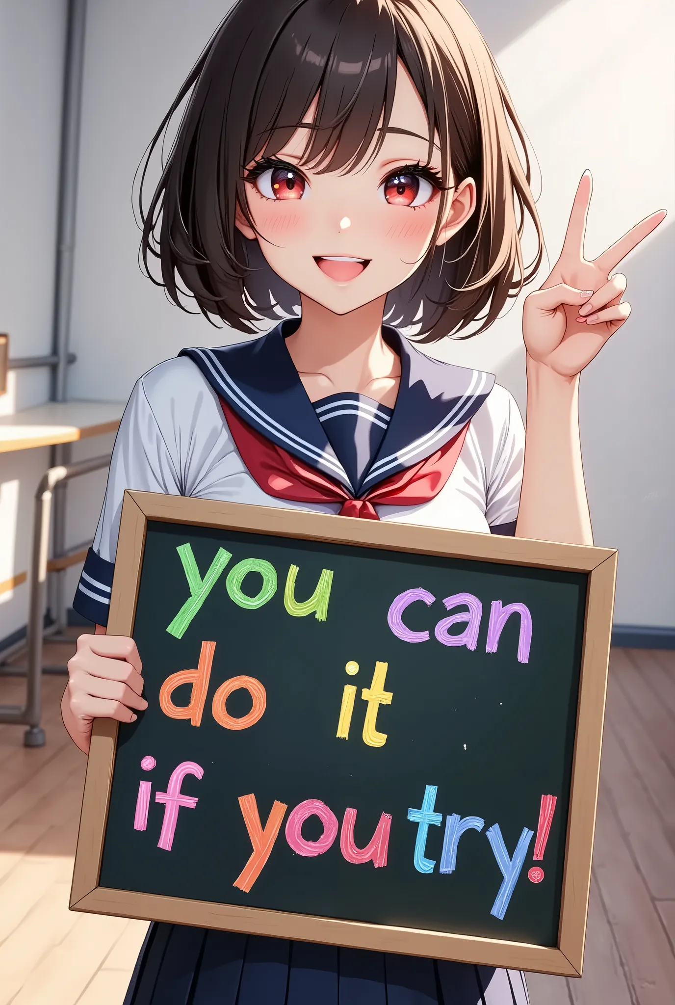 JK, sailor suit, schoolgirl holding a blackboard。color chalk art letter:"you can do it if you try‼", blackboard with colorful letters written on it, (smile, V sign next to your face, In good health), simple background, gradient background, (Best Quality, v...