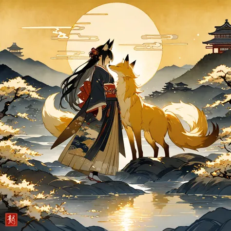 Yokai, ayakashi, Two guardian dogs, ukiyo-e, Japanese style