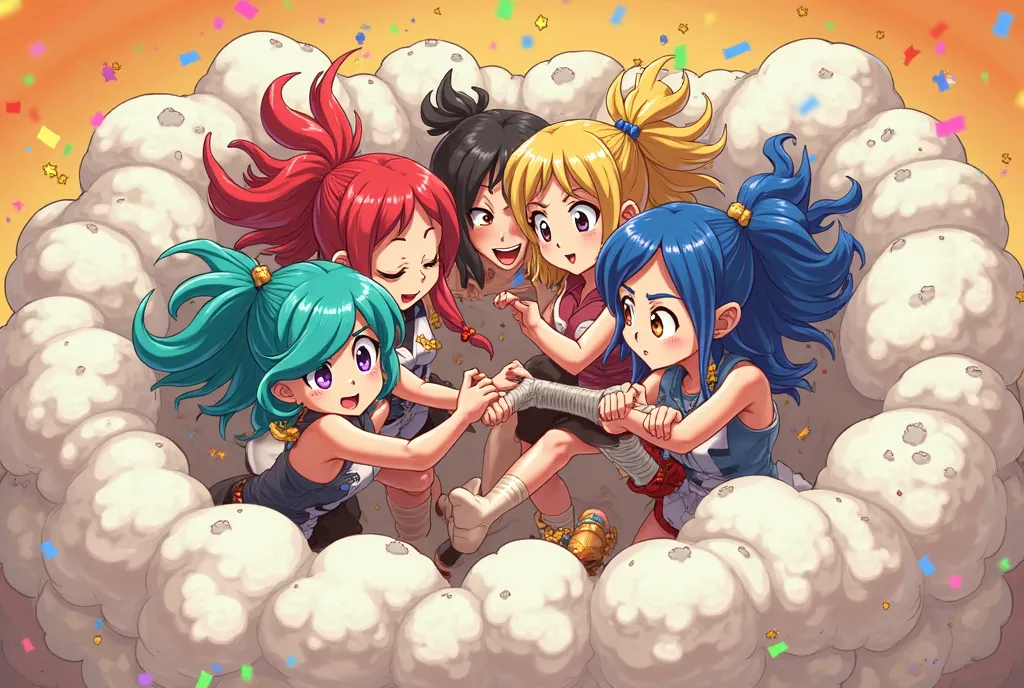 An anime-style illustration depicting many cowgirls playfully wrestling with each other inside a  comical fight cloud.
each cowgirl has different colored hair.
their faces,hands,and feet are visible emerging from the cloud as they tussle humorously,  with ...