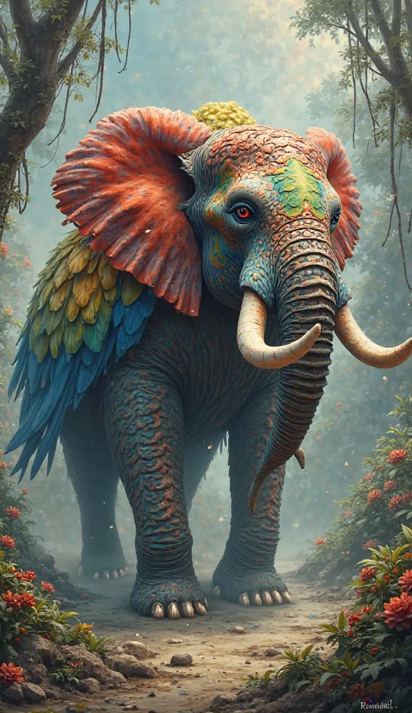 You are a fantasy painter and an expert comic book artist, generate for me an image of the monstrous fusion of an elephant and a parrot