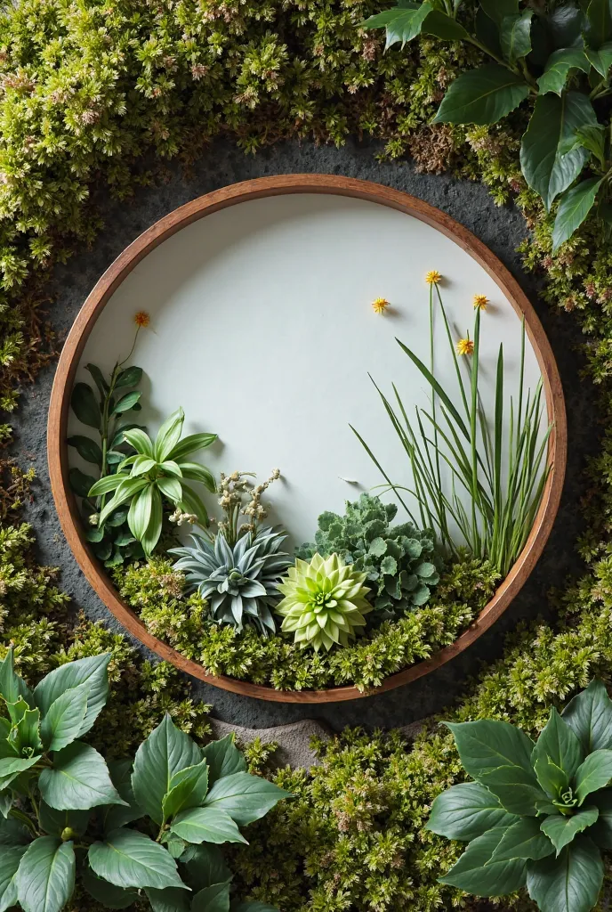 Round picture framed on wall of stabilized plants, moss of various types