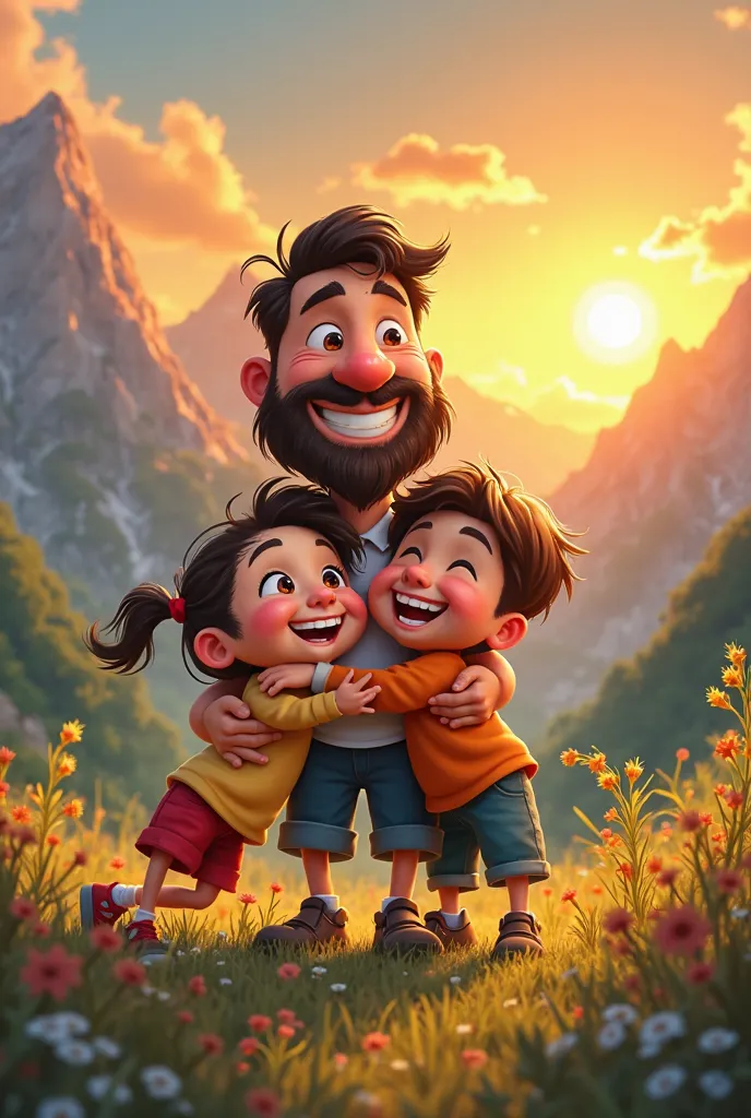 Caricature father with his ren a male son and a female daughter playing in the mountains and hugging each other at sunset in cartoon style 